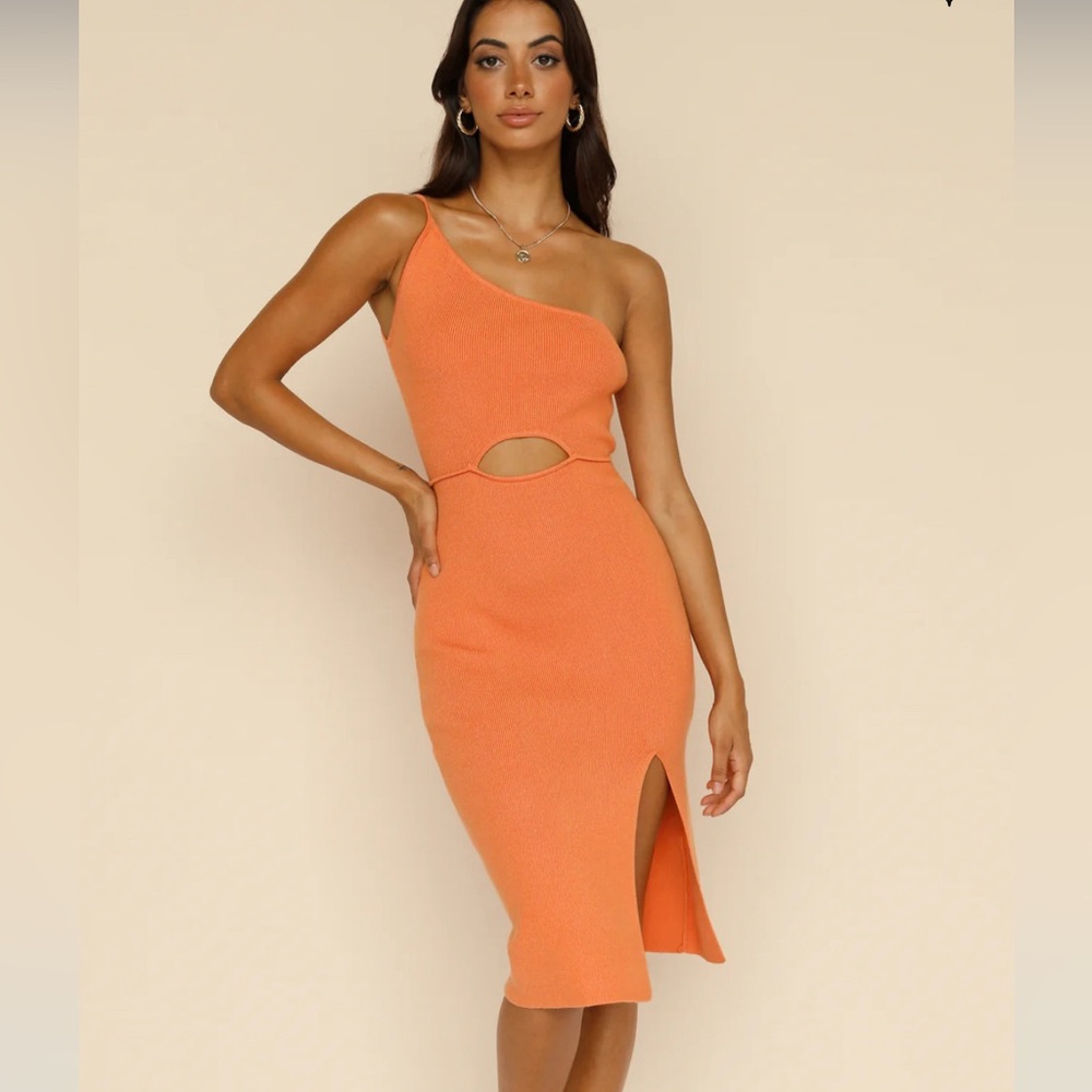 Hello Molly. One shoulder. Cut out. Orange dress